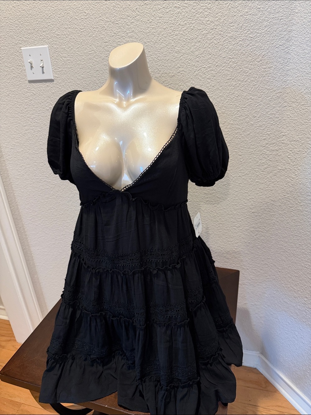 Altar'd State Black Tiered Mini Dress with Puff Sleeves